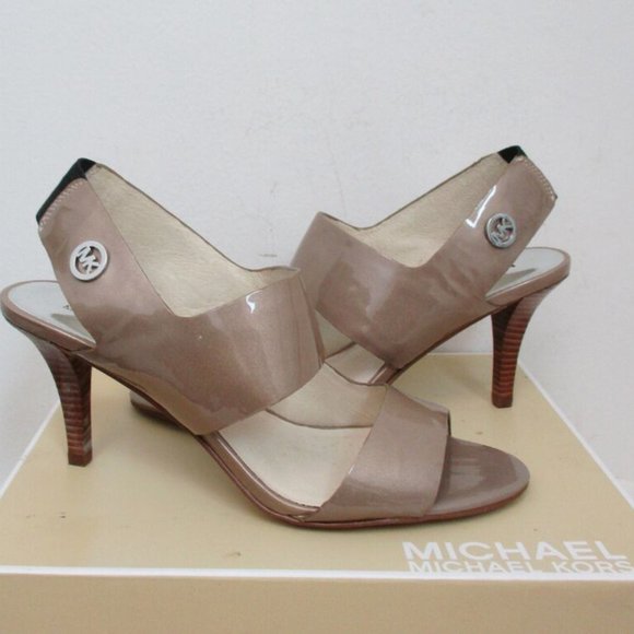 Michael Kors Rochelle Open Toe Taupe Pearlized heeled Patent Sandal -size 7. - Picture 1 of 9